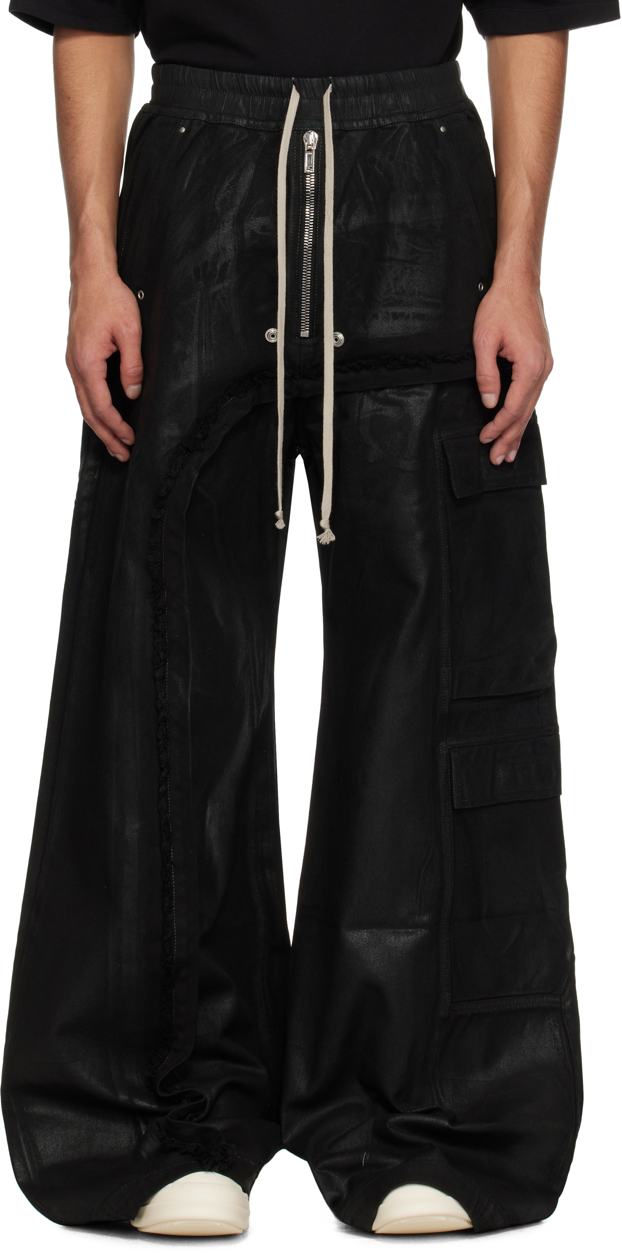 Rick Owens DRKSHDW Black Hollywood Imbalanced Double Cargo Jumbo Belas Denim Cargo Pants
