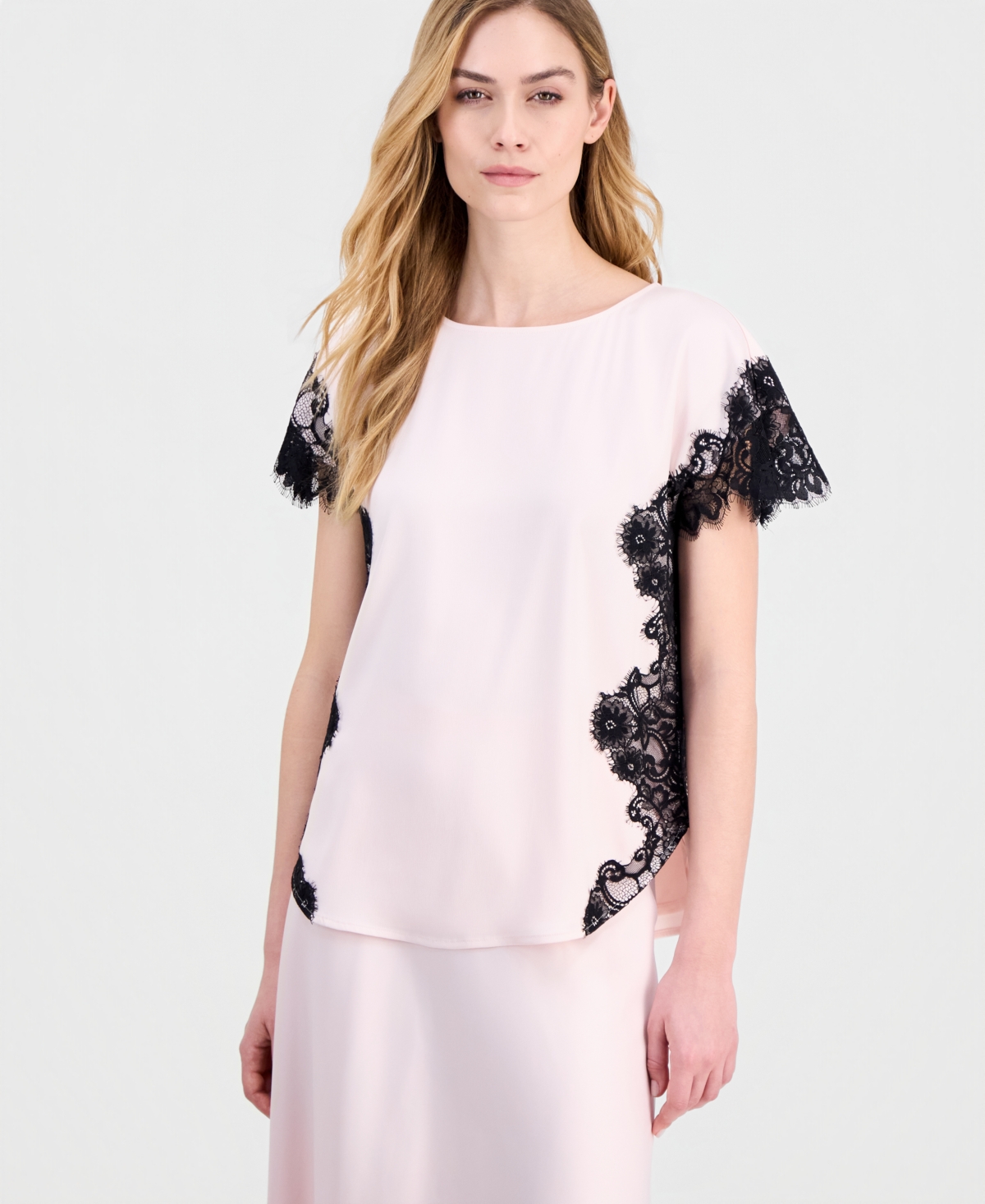 Women's Short-Sleeve Lace-Trim Satin Top - Soft Blossom / Anne Black