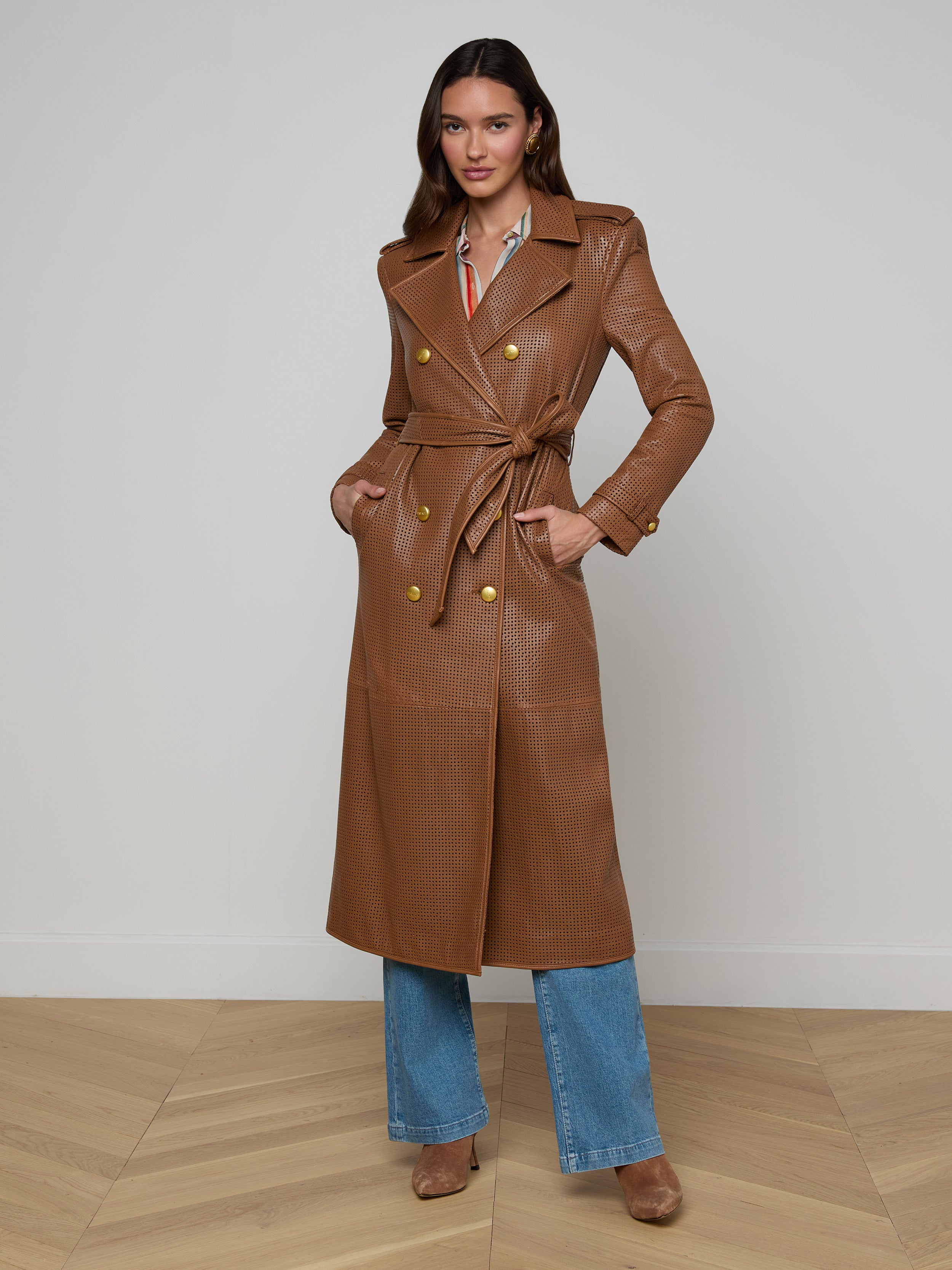 Baylee Leather Trench Coat In Soft Cognac