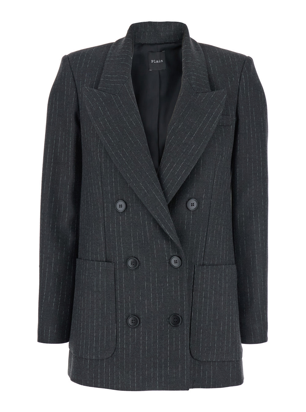 Pinstriped Double-Breasted Blazer — Gray