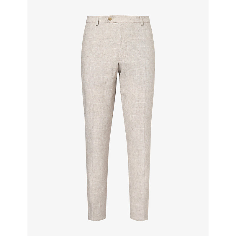 Mens Checked Regular-Fit Linen-Blend Trousers