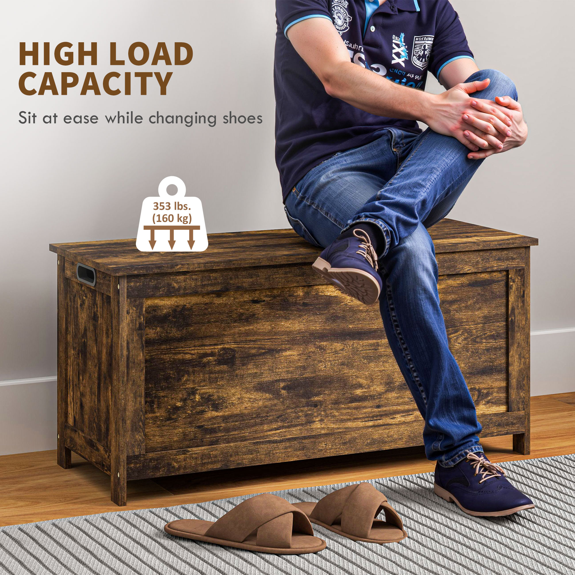 HOMCOM Storage Trunk with 2 Safety Hinges, Modern Entryway Bench with Side Handles, Storage Chest for Living Room, Rustic Brown | Aosom Canada