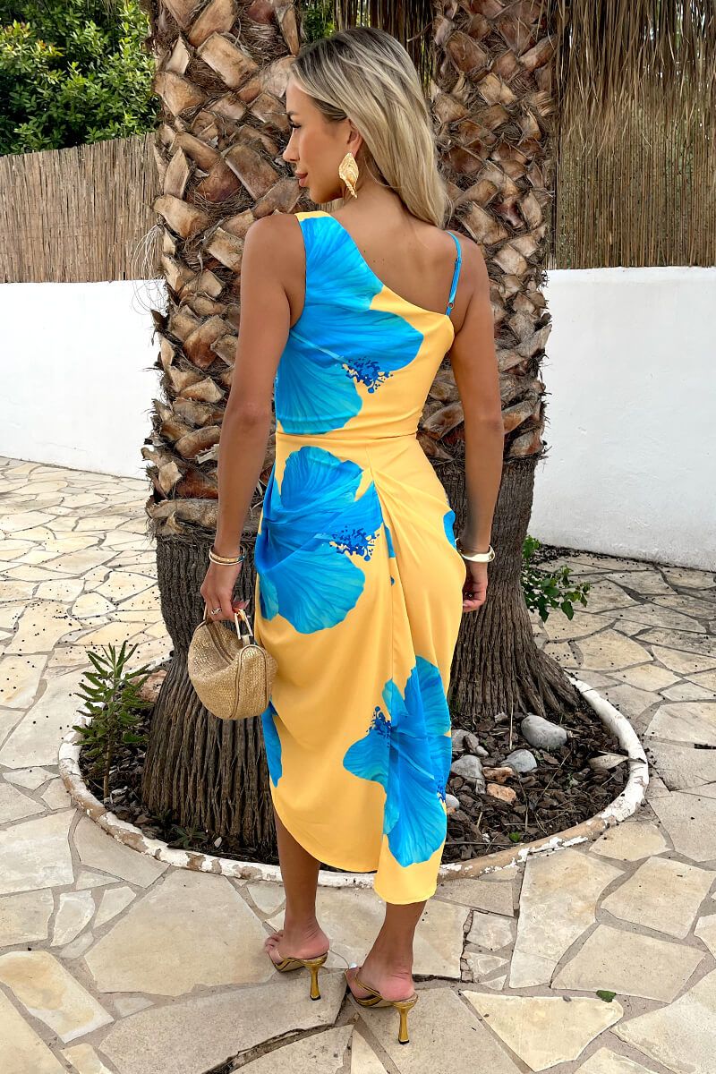 Ax Paris Yellow And Blue Floral Print Strap Detail Gathered Midi Dre