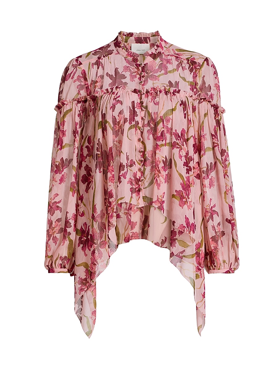 Women's Danny Trailing Hibiscus Ruffled High-Low Top - Blush Petal Multi