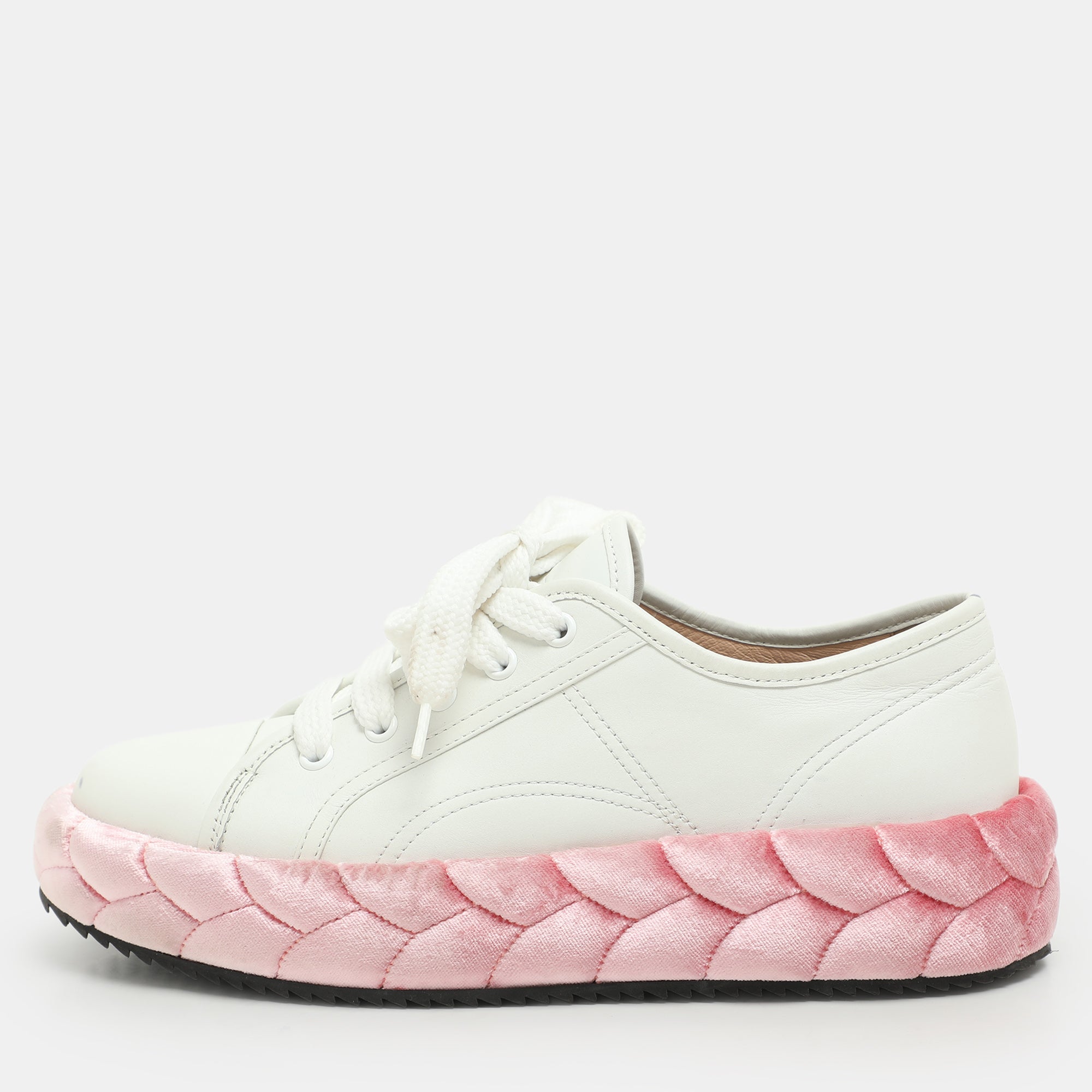 White/pink Leather And Velvet Rope Sneakers
