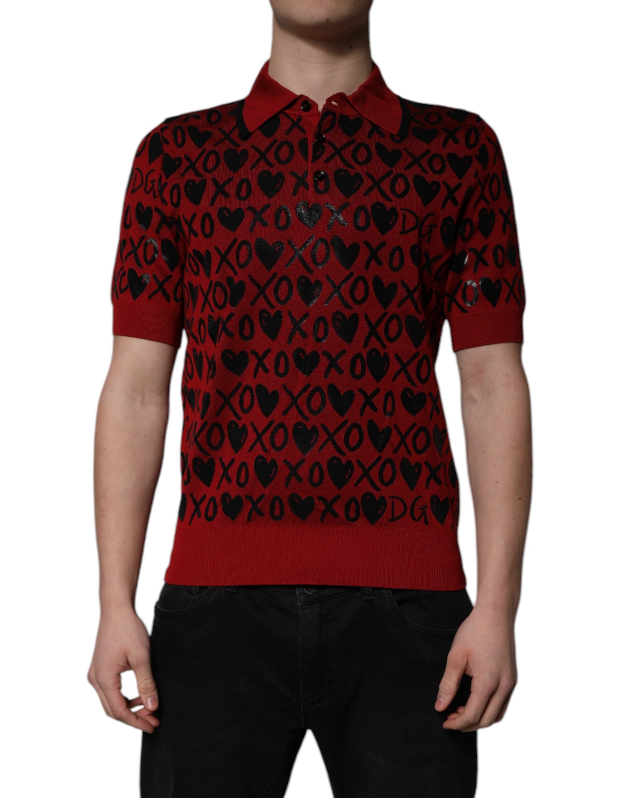 Silk Hearts & X's Jacquard Polo — Red