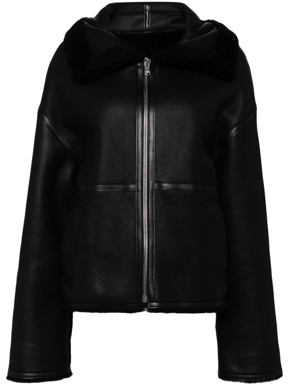 Shearling-lined aviator leather jacket - Black