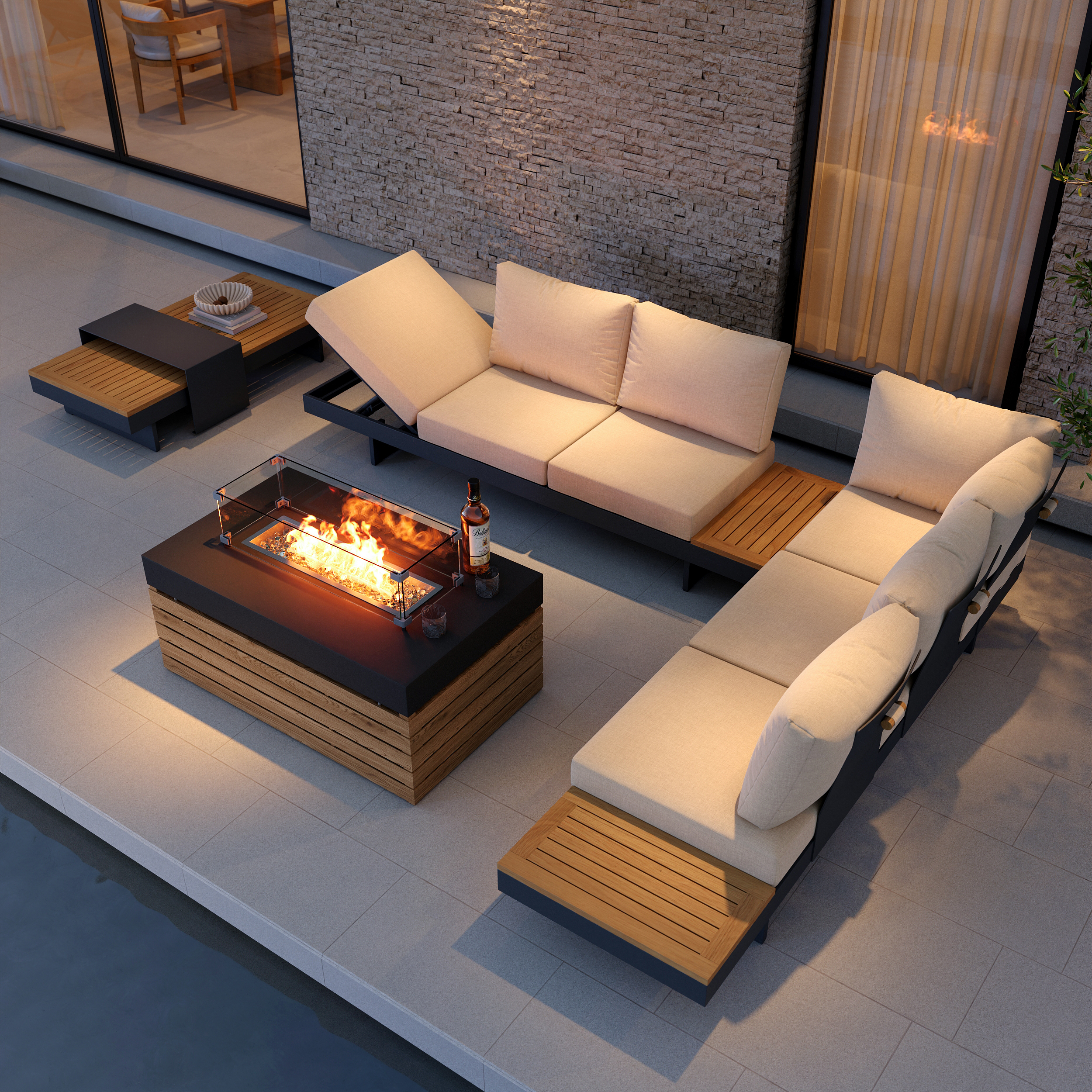5 PCS L Shaped Outdoor Sectional Sofa Set with Smokeless Propane Fire Pit Table Yard & Patio Furniture for 6 Person Cushion & Pillow Included