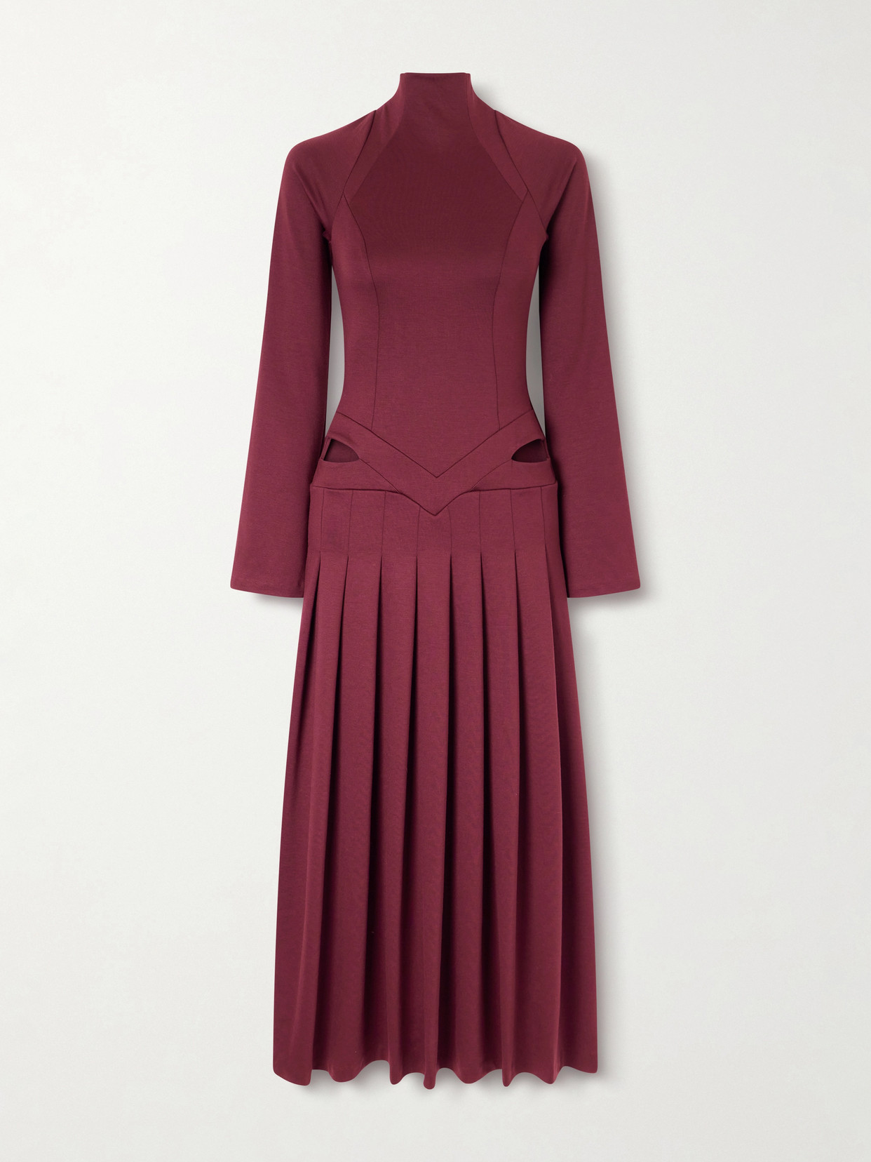 Open-back Cutout Pleated Jersey Turtleneck Midi Dress - Burgundy