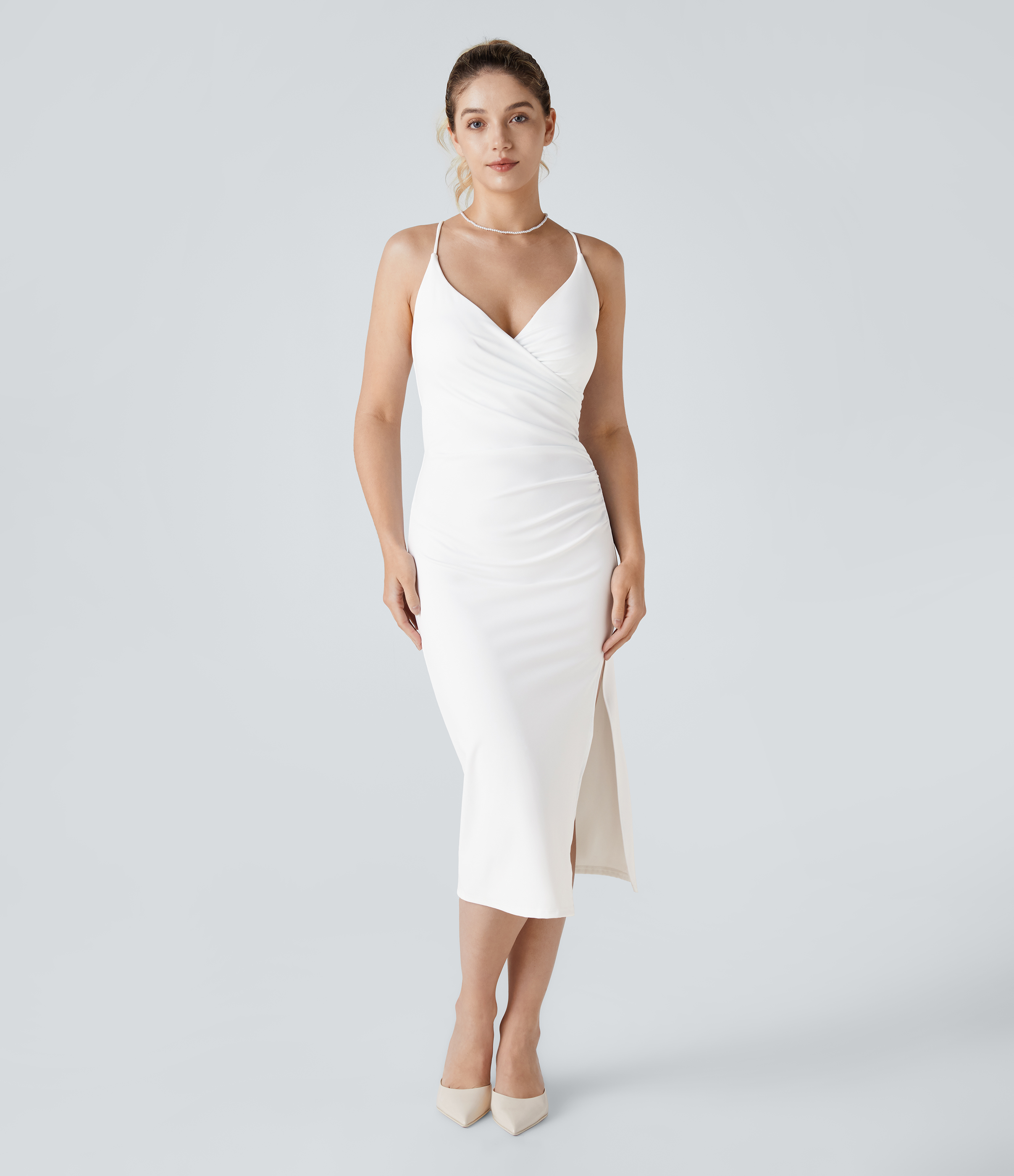 SoftlyZero™ Airy Crossover Ruched Lace Up Bodycon Cool Touch Dress-UPF50+ Casual Dress - White