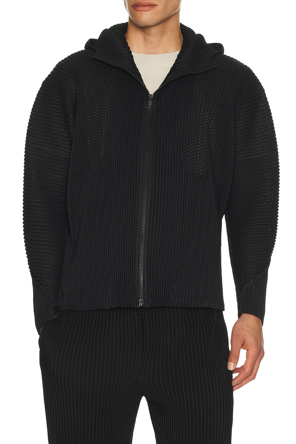 Homme Plisse Issey Miyake Wickerwork Mesh Full Zip Hooded Jacket in Black
