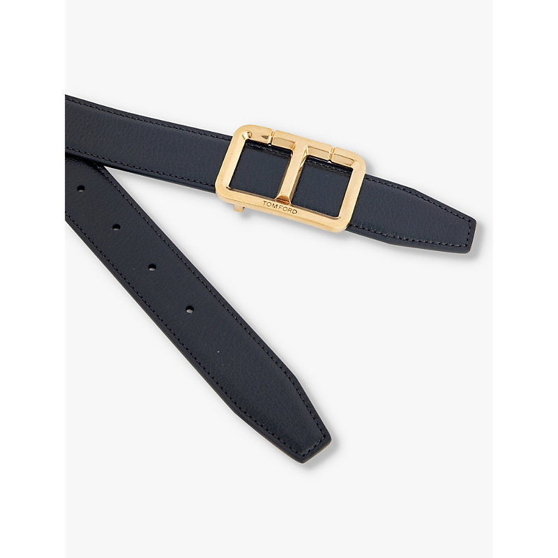 Mens Black Branded-buckle Leather Belt