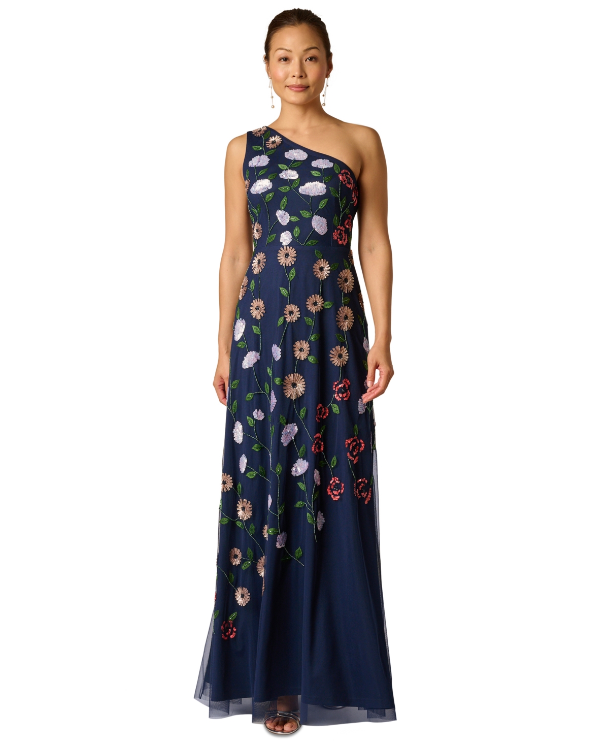 Women's One Shoulder Mesh Long Dress - Navy Multi