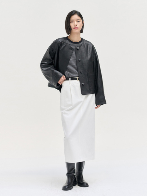 Collarless leather crop jacket
