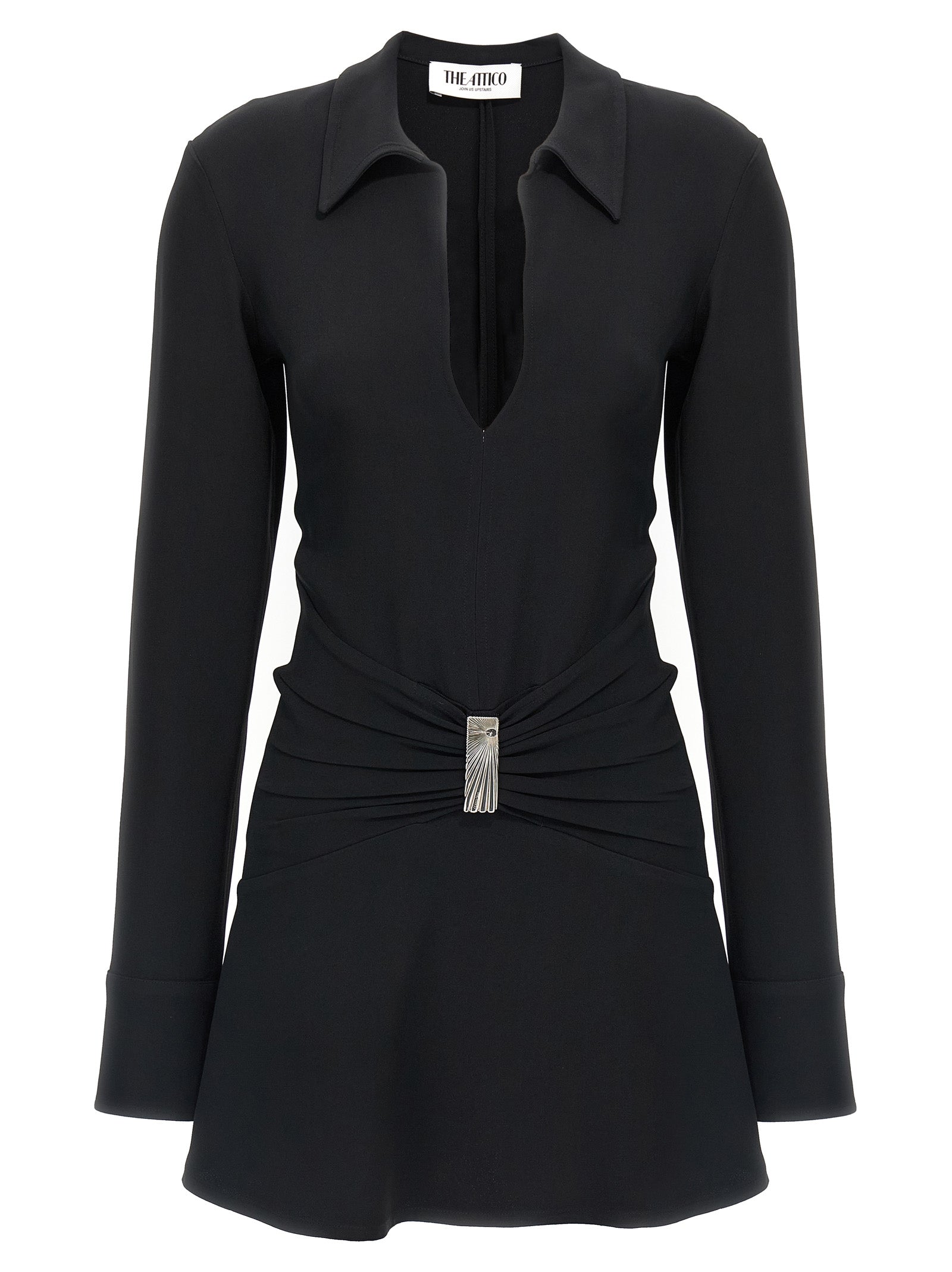 Gathered Waist Polo Polo Shirt Dress — Black