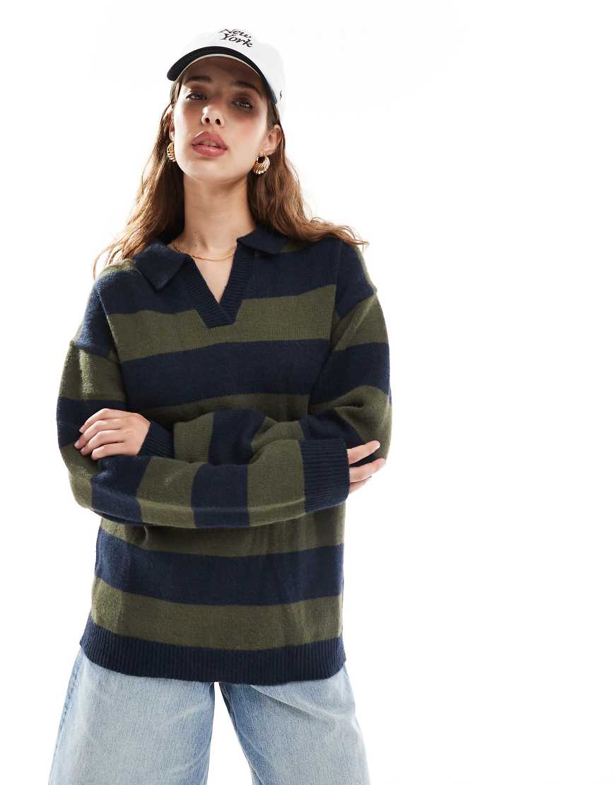 Chunky stripe knitted rugby top in navy khaki stripe-Multi