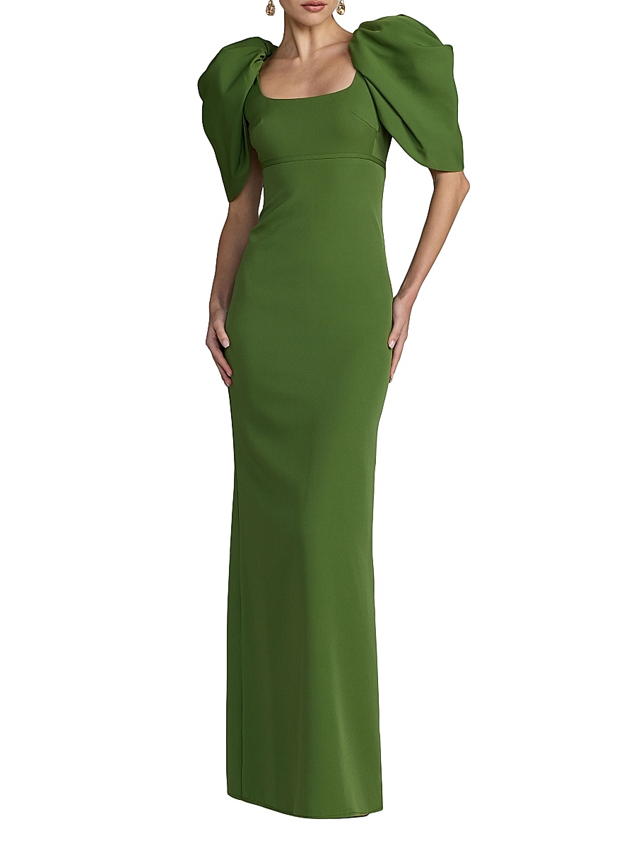 Women's Crepe Puff-Sleeve Column Gown - Moss