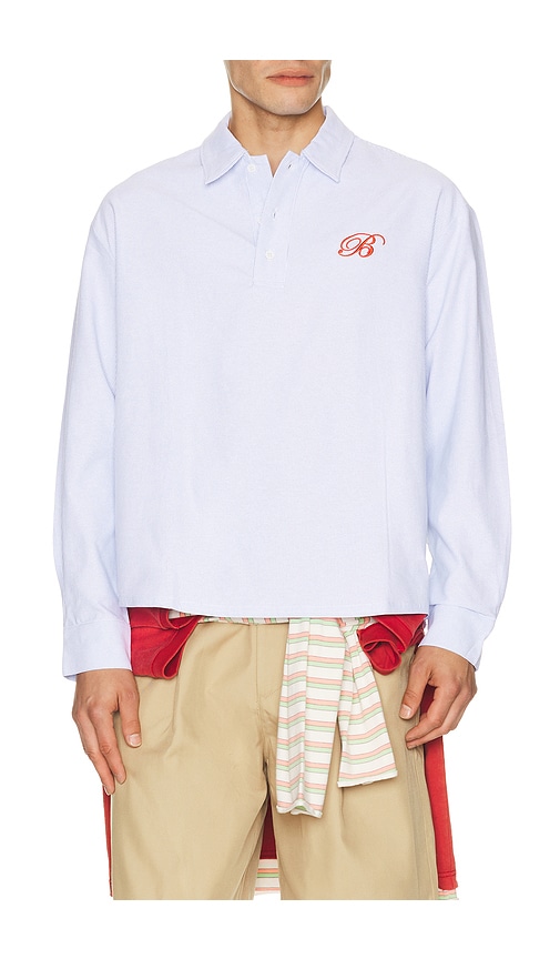 Bound Half Button Script Oxford Shirt in Blue. S. Also in L, XL/1X