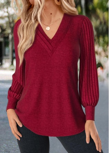 Modlily Olive Green Patchwork Long Sleeve V Neck T Shirt