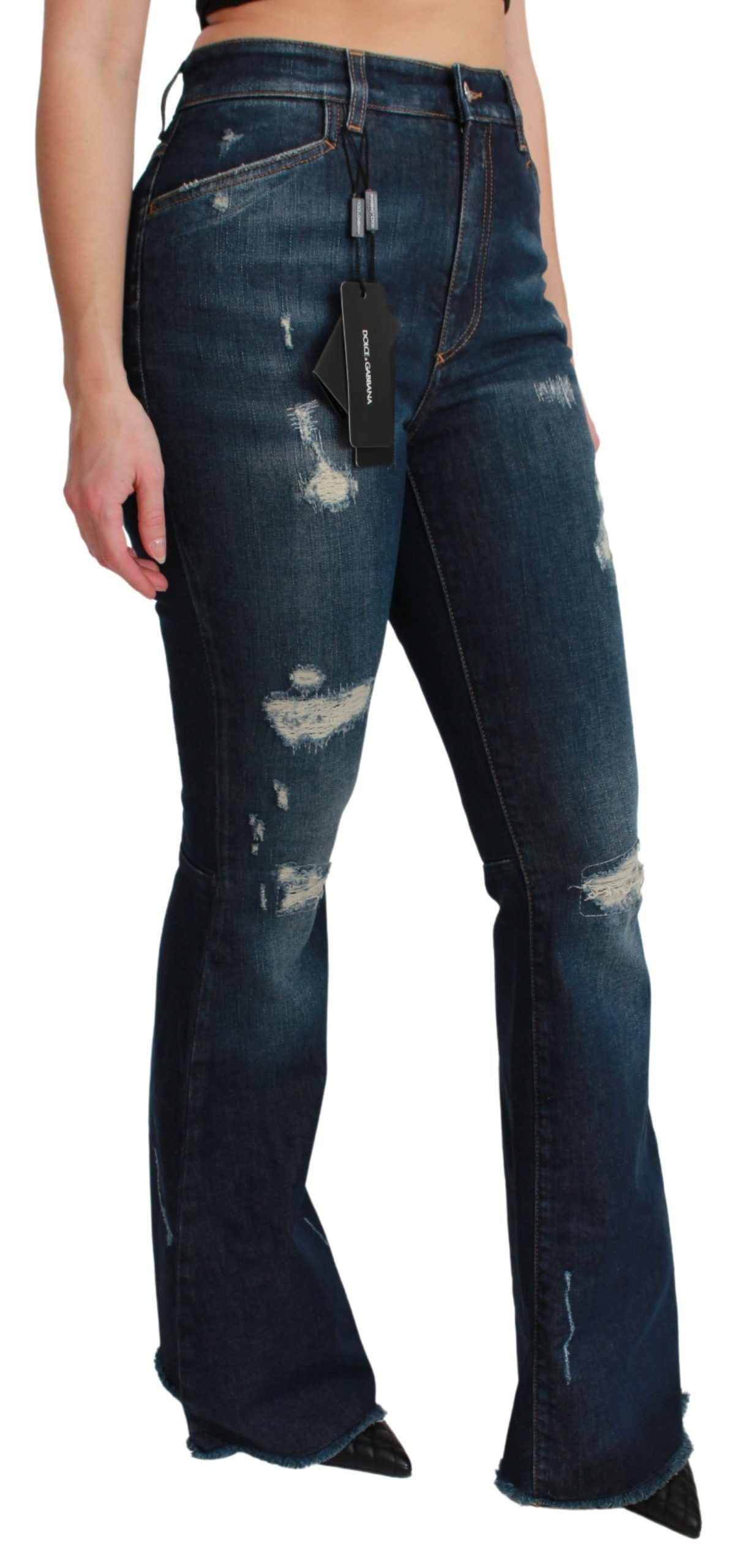 Distressed High-Waist Flare Jeans — Blue