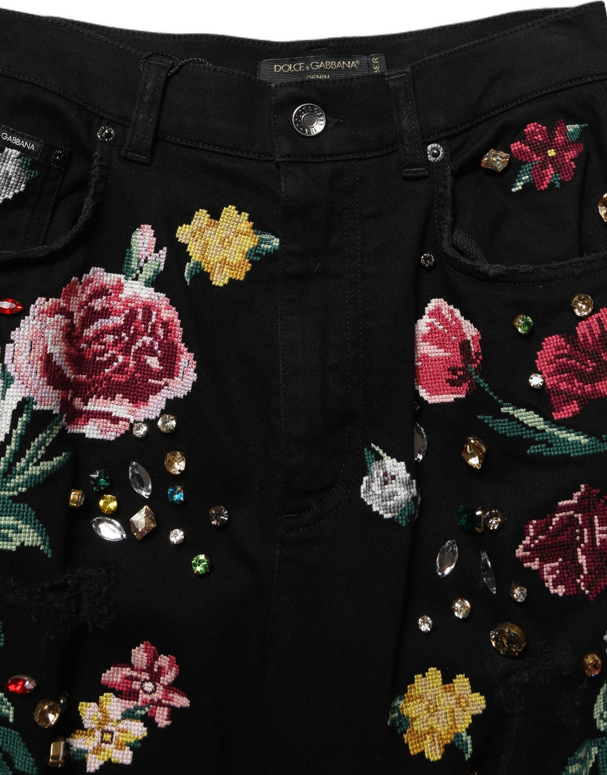 Embroidered Floral Trousers — Black