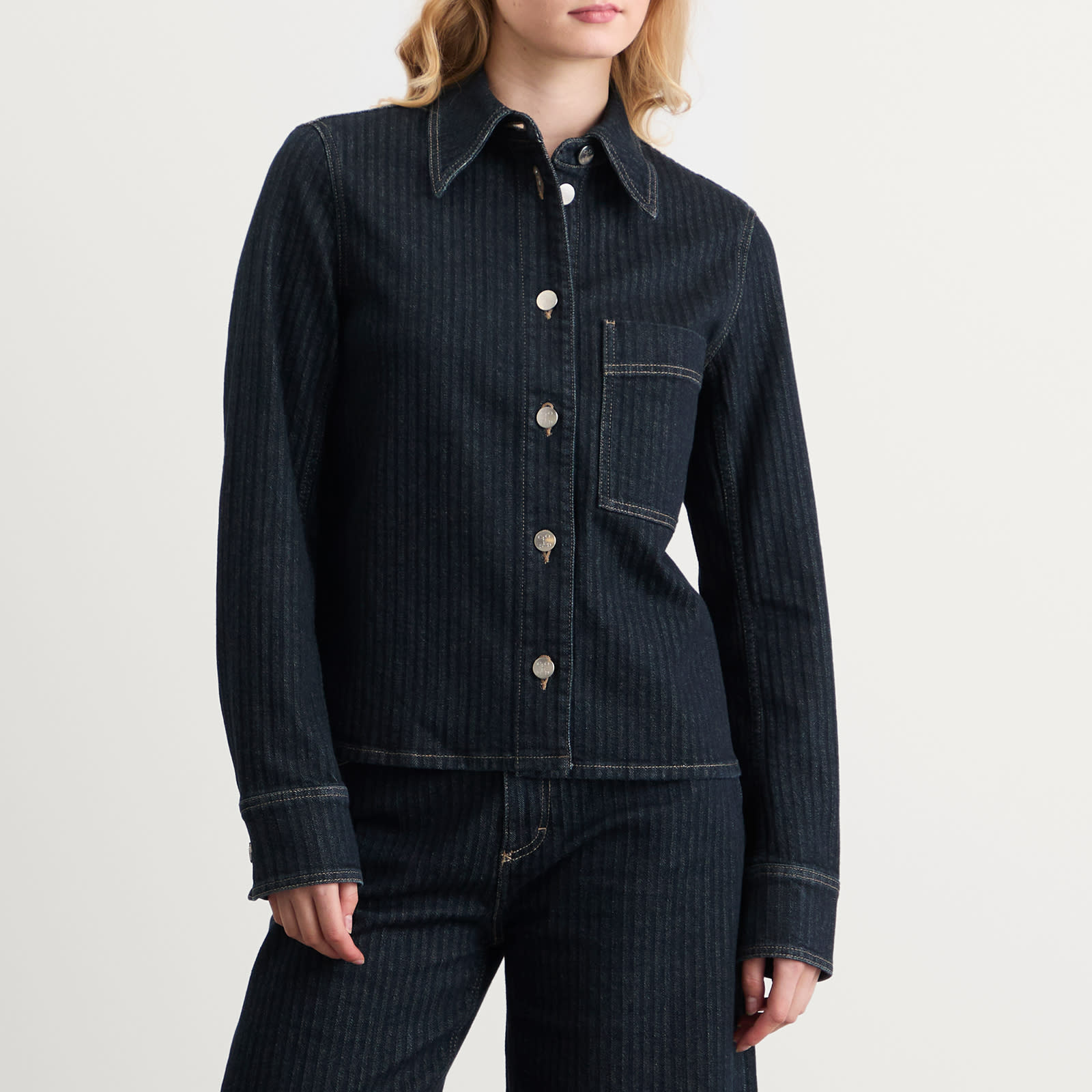 Women's Striped Denim Jacket Dark Blue
