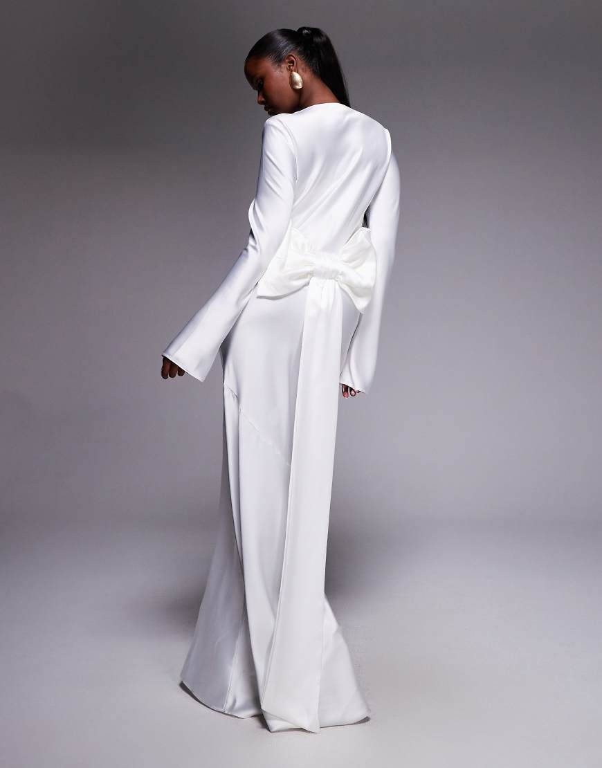 Satin maxi dress with exaggerated bow back in ivory-White