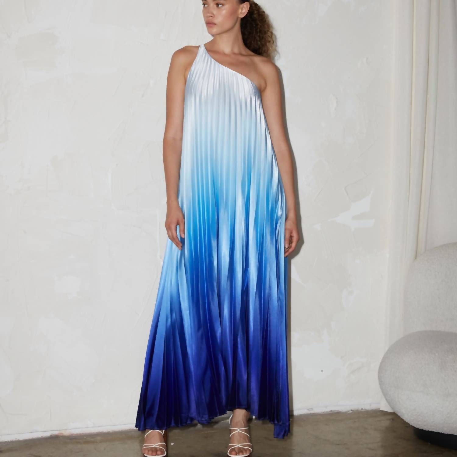 Erica One Shoulder Pleated Maxi Dress In Blue Ombre