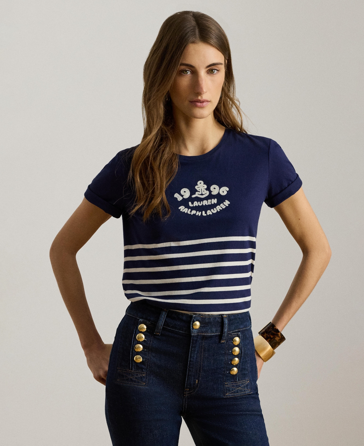 Women's Striped Embroidered Logo Crewneck T-Shirt - Refined Navy/mascarpone Cream