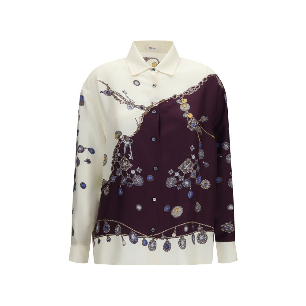 Jeweled Chain Print Silk Shirt — Multicolor