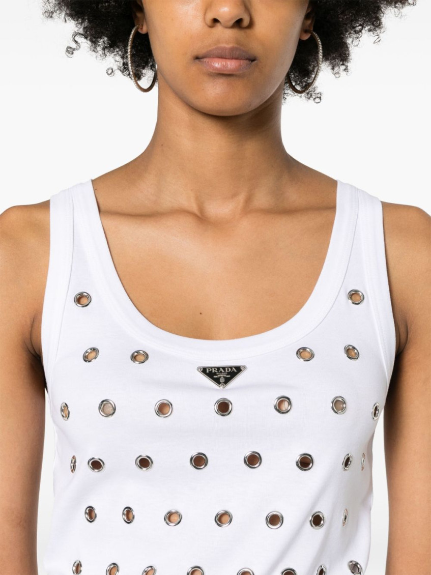 White Cotton Tank Top With Eyelets