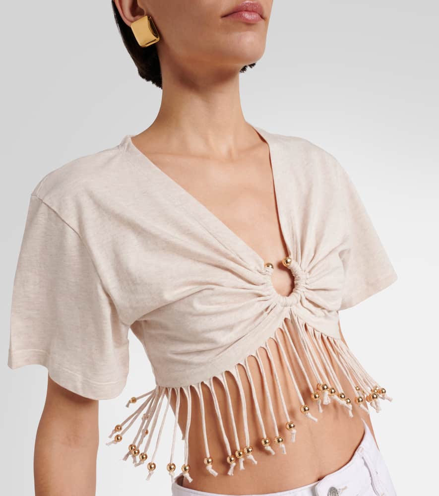 Rabanne Fringed beaded cotton jersey crop top