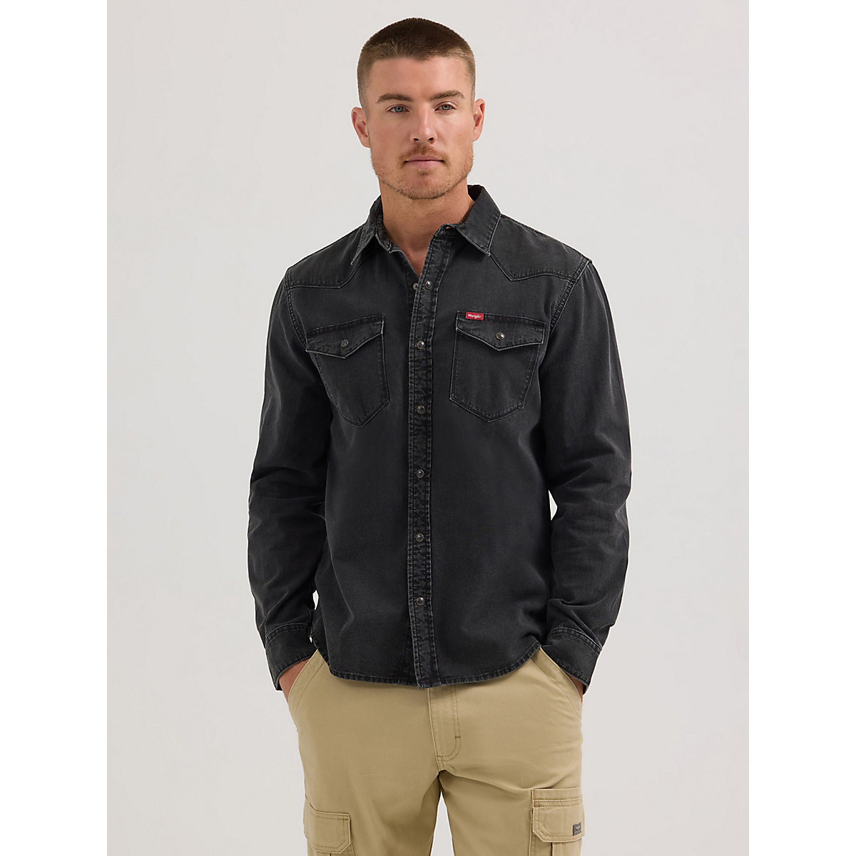 Men's Slim Denim Snap Front Shirt in Black