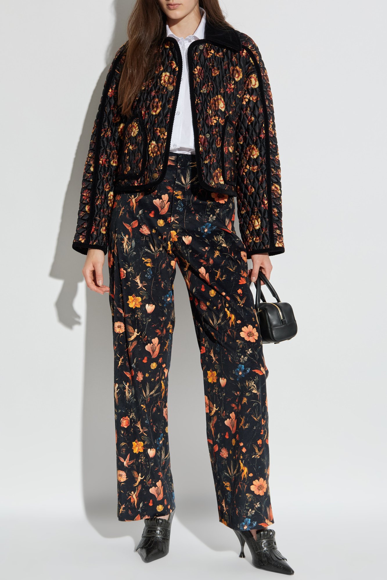 Velvet Trousers With Floral Motif, Women's, Black