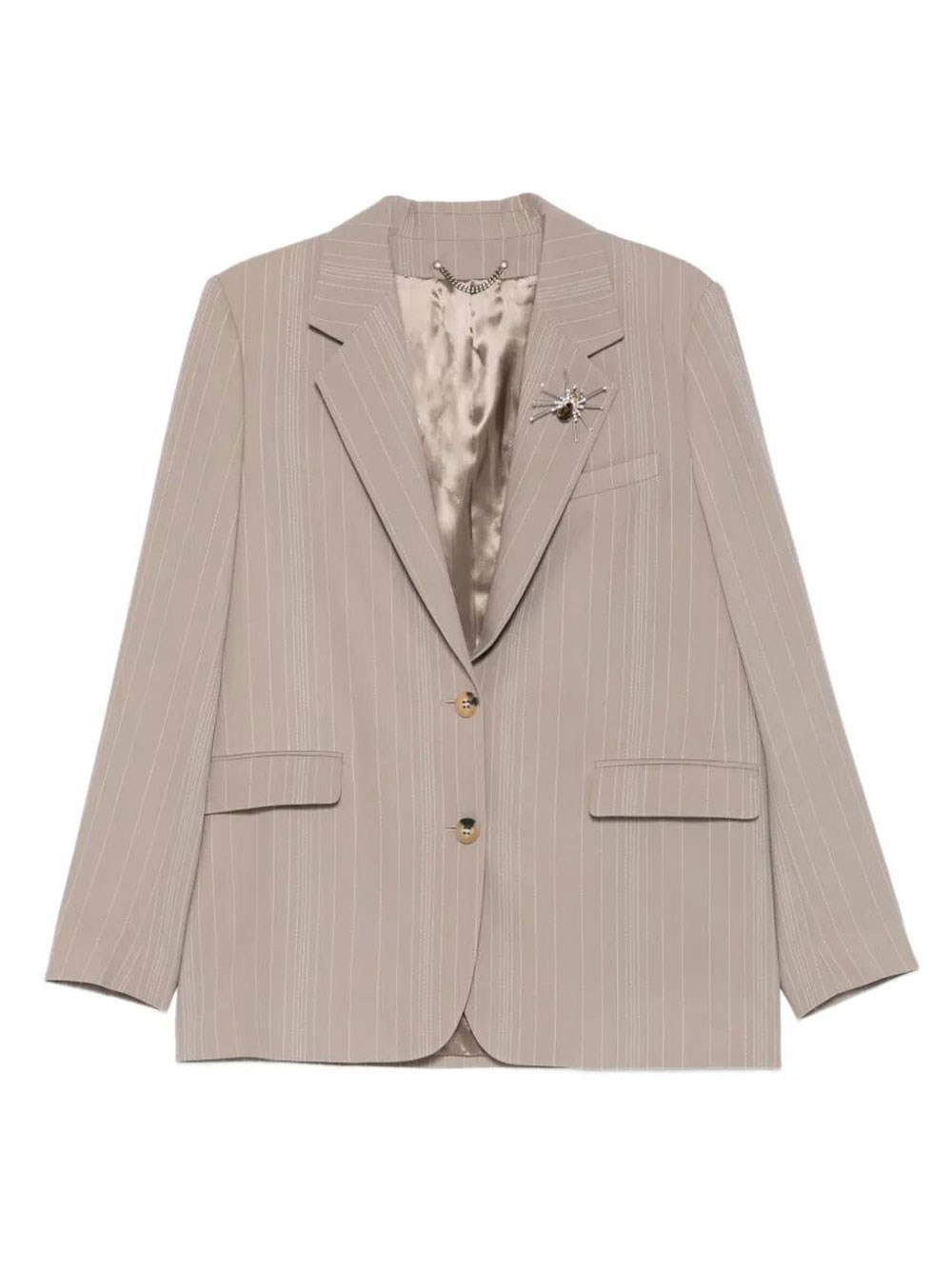 Pinstripe Oversized Wool Blend Blazer With Broche