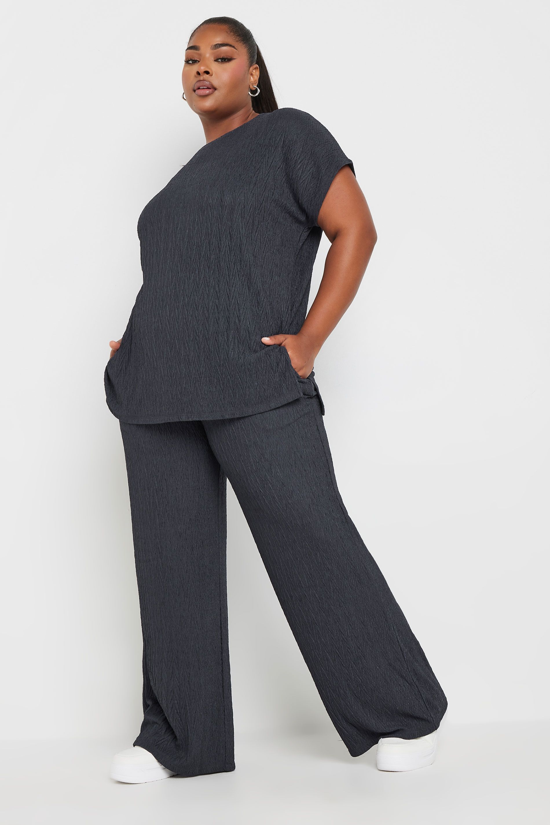 Yours Women's Crinkle Plisse Wide Leg Trousers in Grey