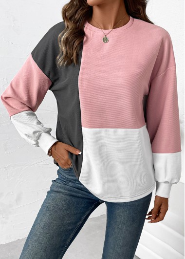 Modlily Light Pink Patchwork Long Sleeve Round Neck Sweatshirt