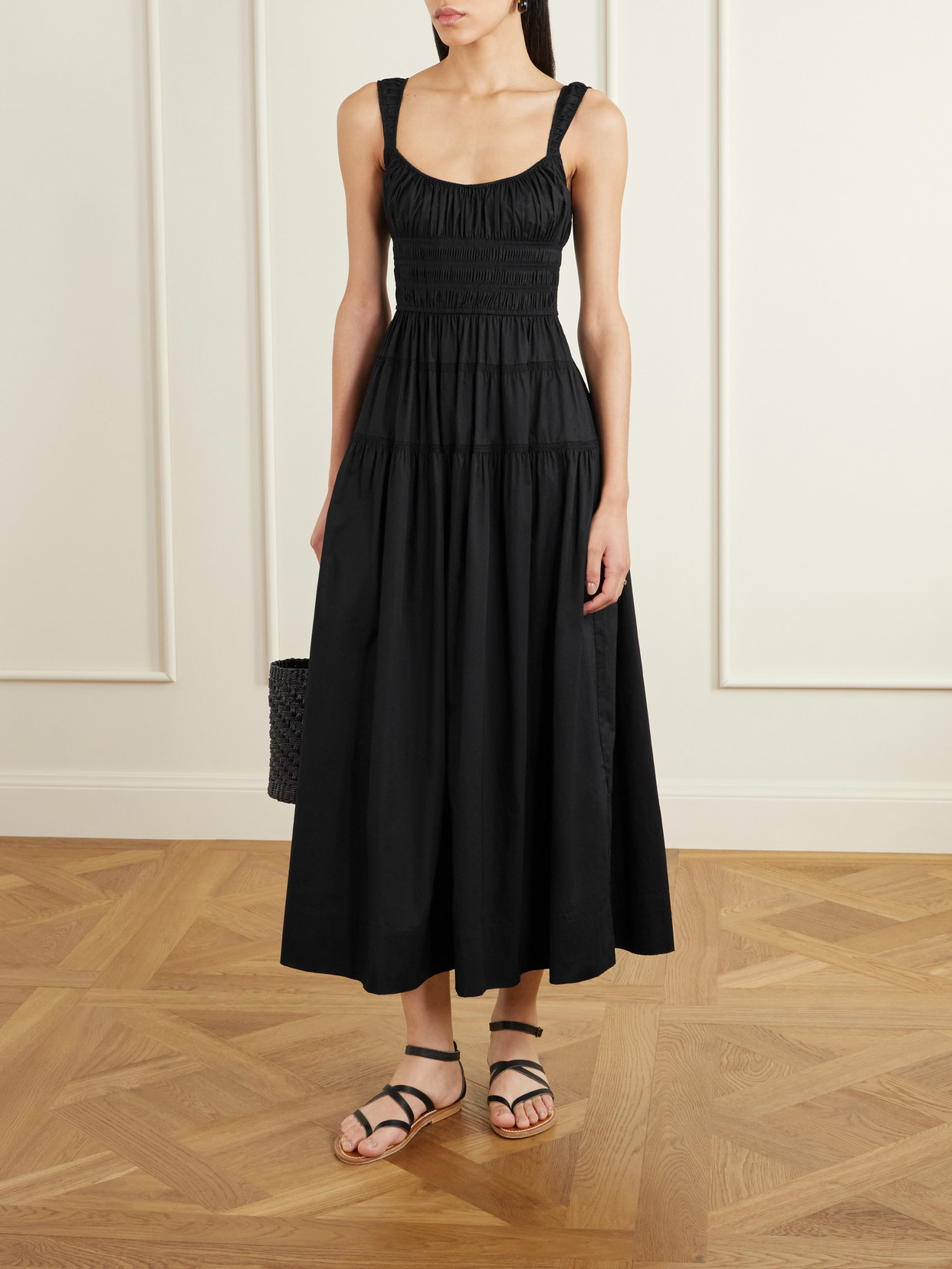 Clover Smocked Organic Cotton-poplin Midi Dress - Black