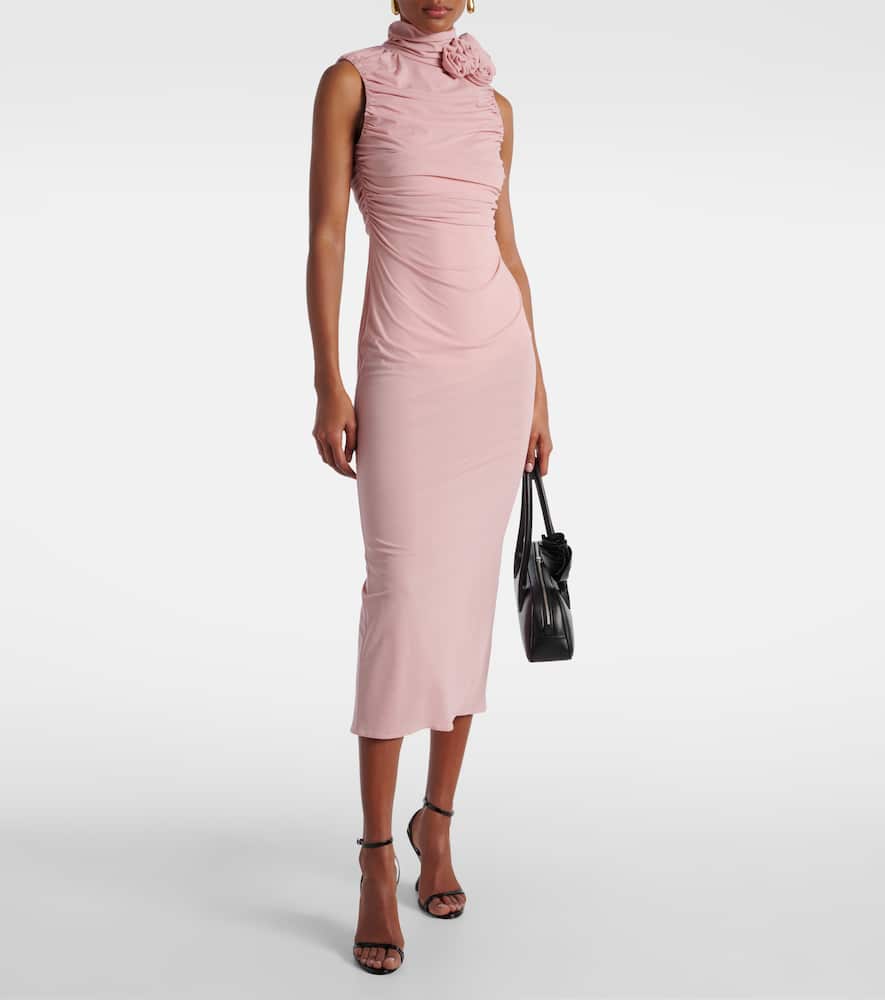 Floral-appliqué hooded silk-blend midi dress