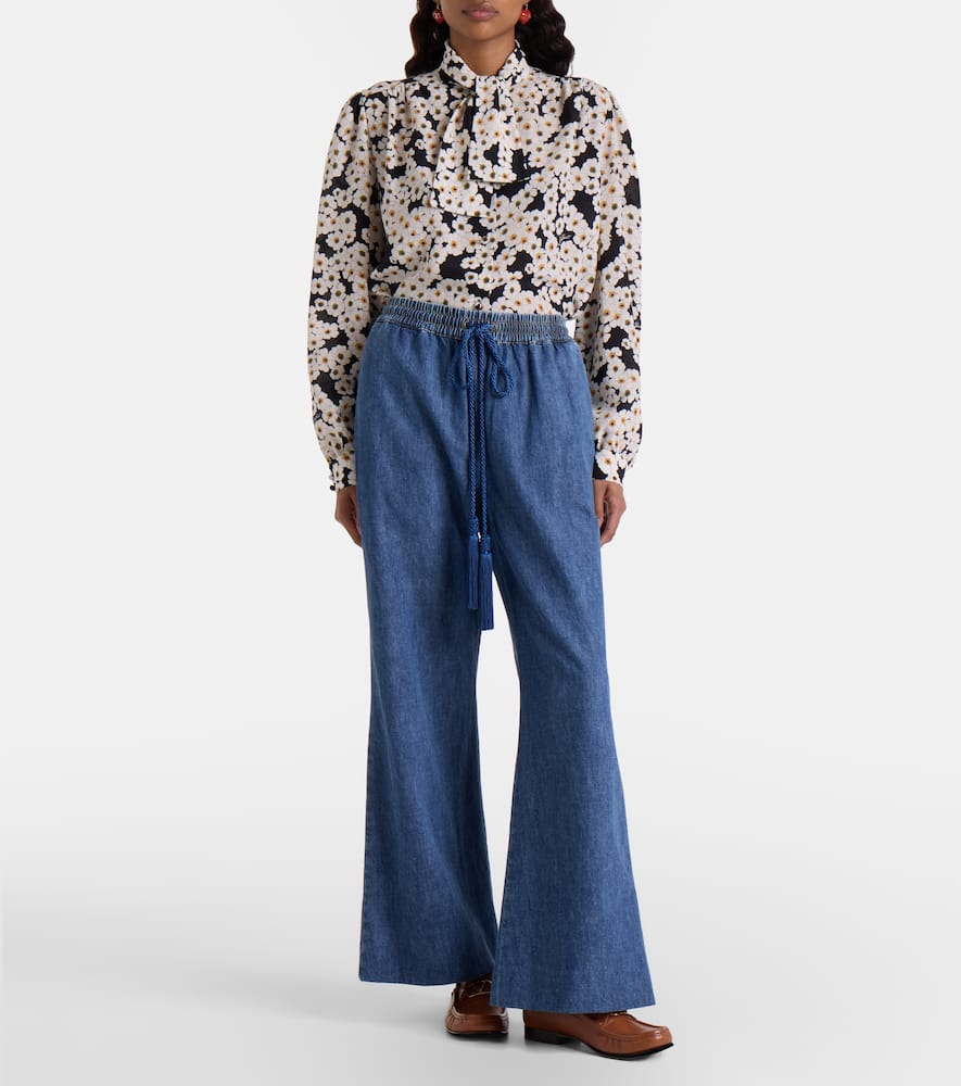 Cotton chambray wide-leg pants