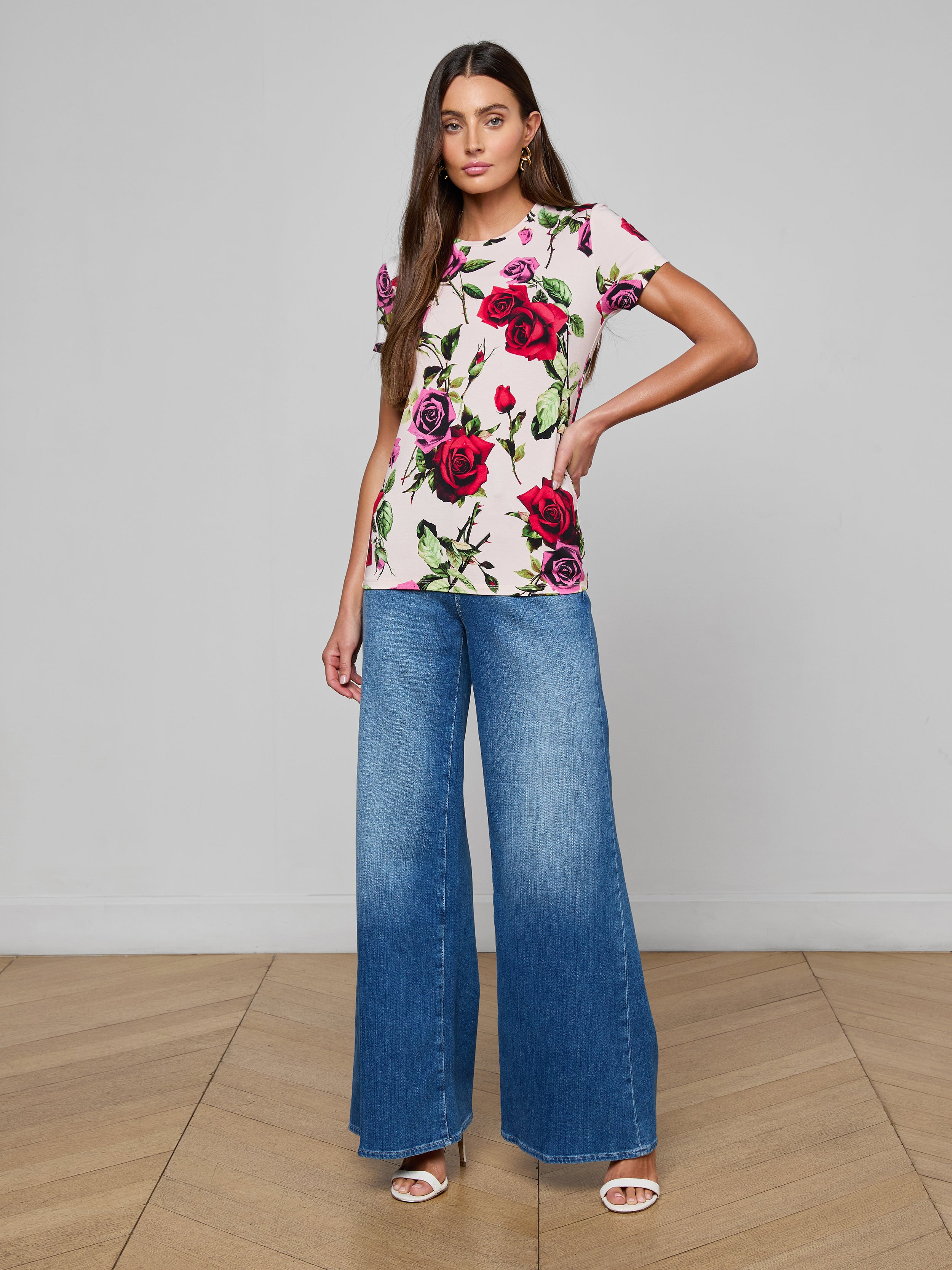 Ressi Fitted T-Shirt In Pink Multi Romantic Rose