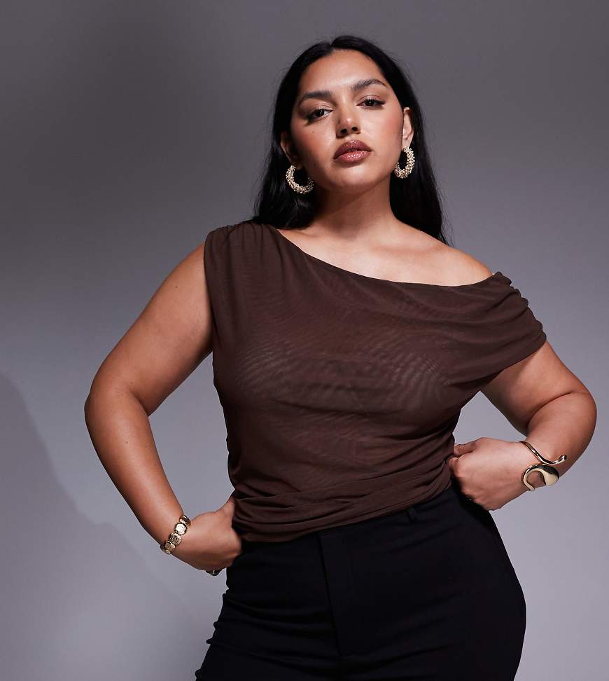 ASOS DESIGN Curve mesh ruched asymmetric top in chocolate-Brown