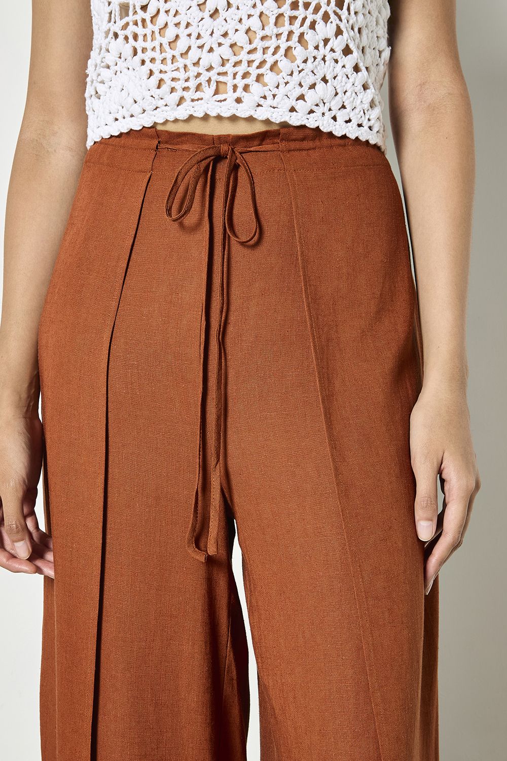 Apricot Linen Blend Wrap Wide-Leg Trousers In Burnt Orange