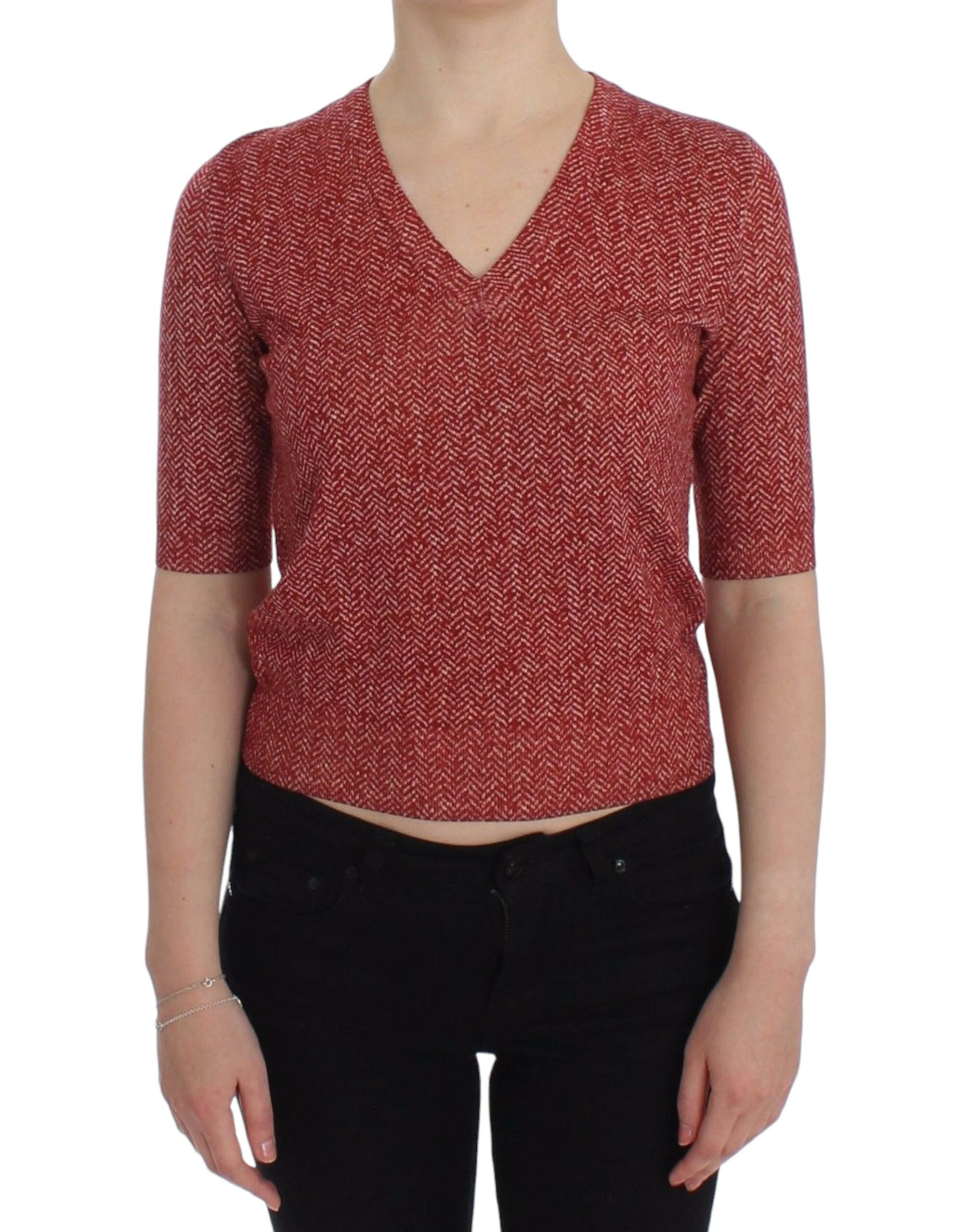 Wool Tweed V-Neck Sweater — Red