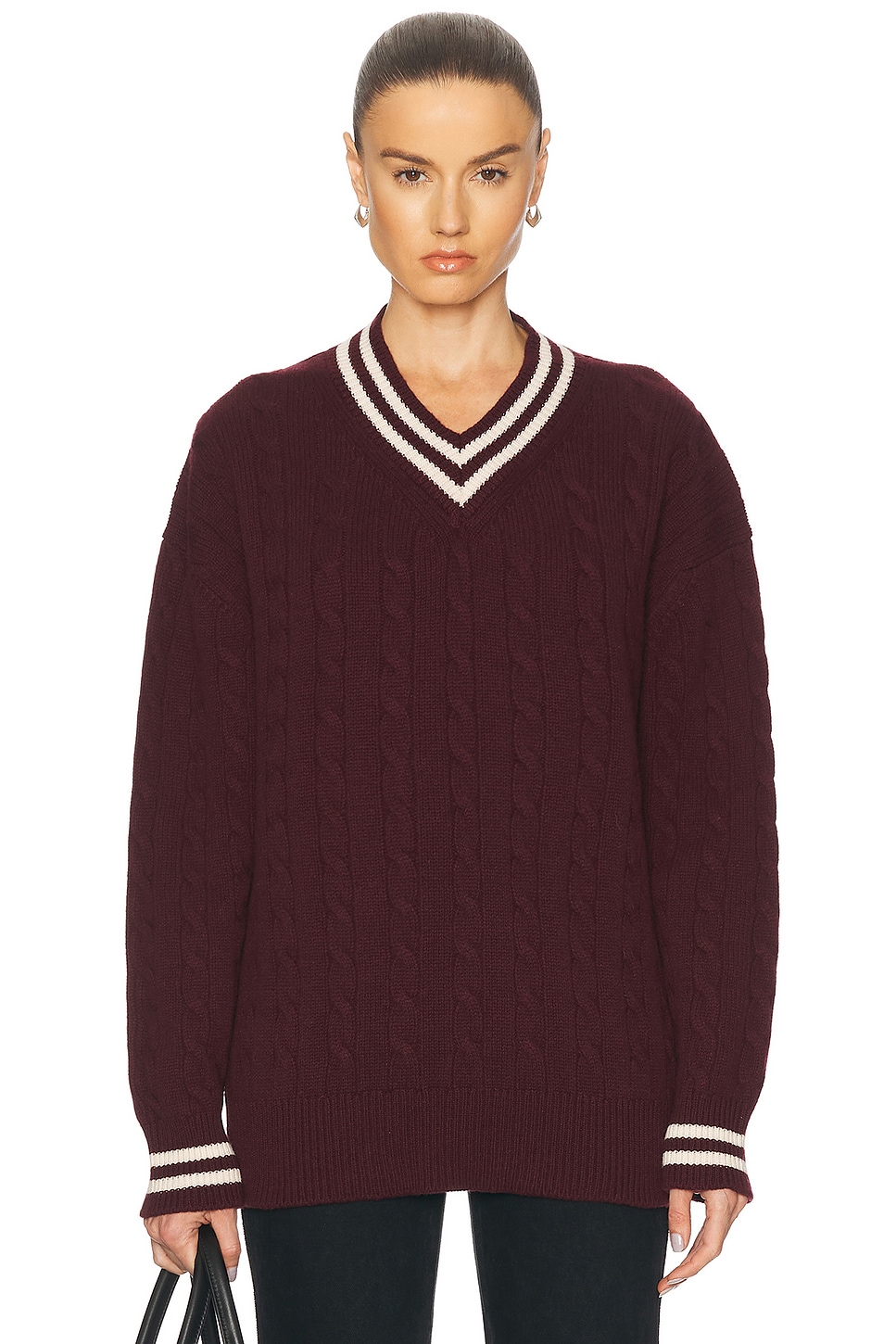 &Daughter Slouchy Cricket V-Neck Cable Sweater in Burgundy & Ecru - Burgundy.  XS also in L