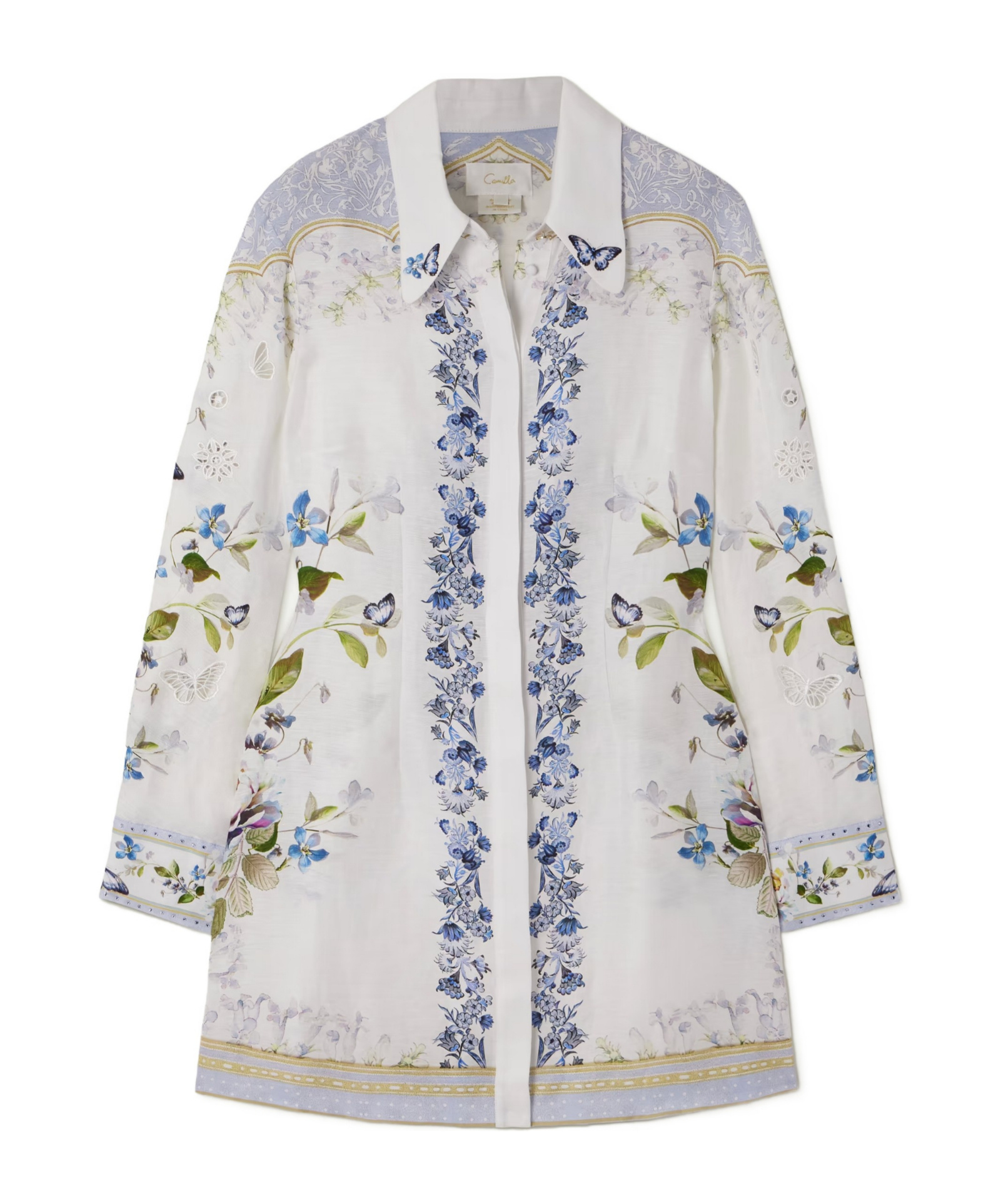 Crystal-embellished broderie anglaise linen and silk-blend mini shirt dress