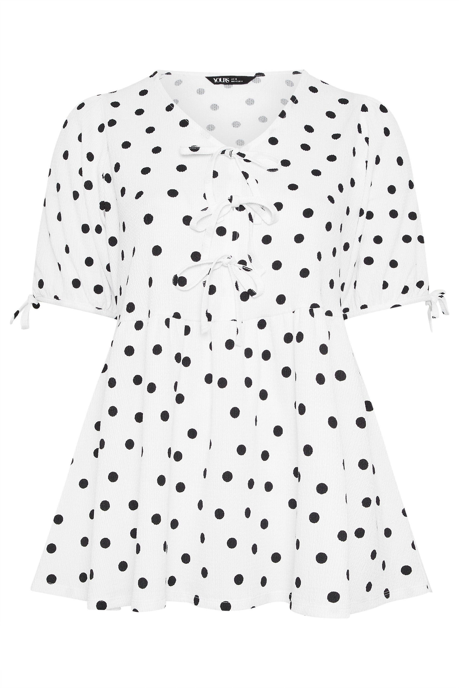 Yours Polka Dot Bow Front Peplum Top In White