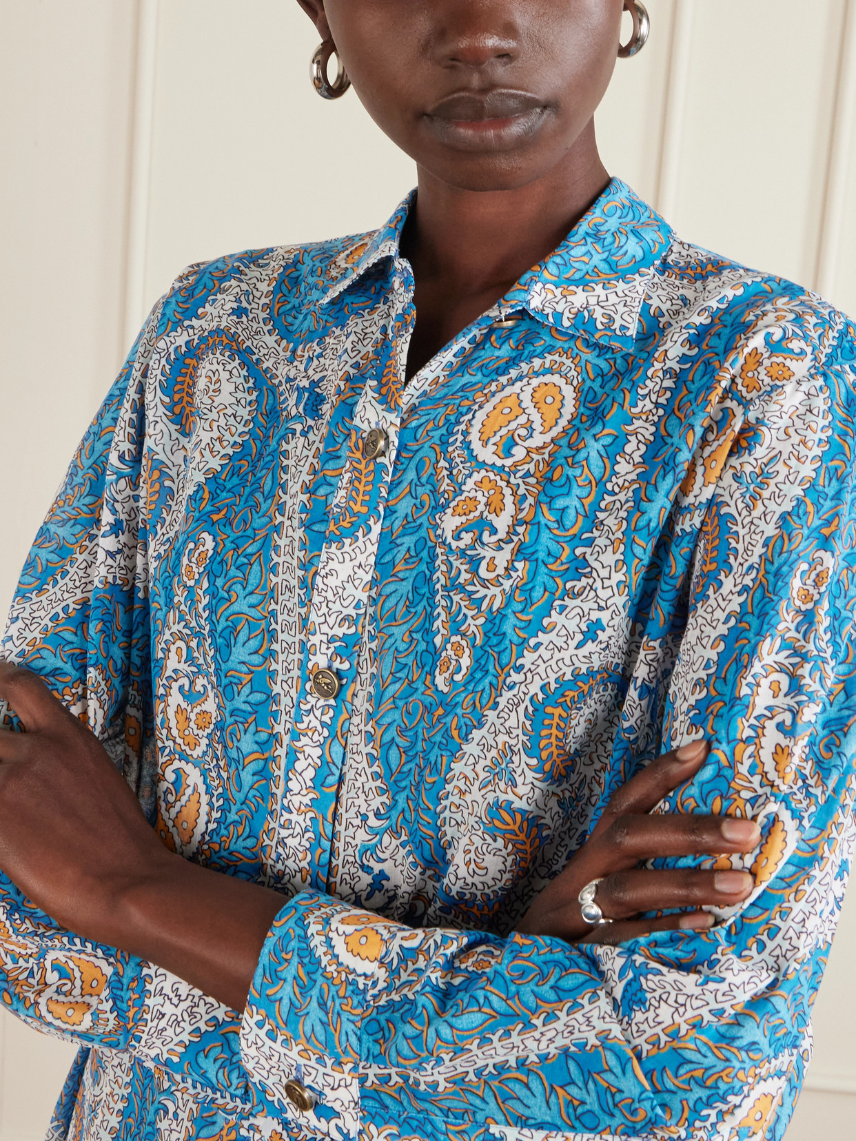 Belted Paisley-print Cotton-voile Midi Shirt Dress - Blue