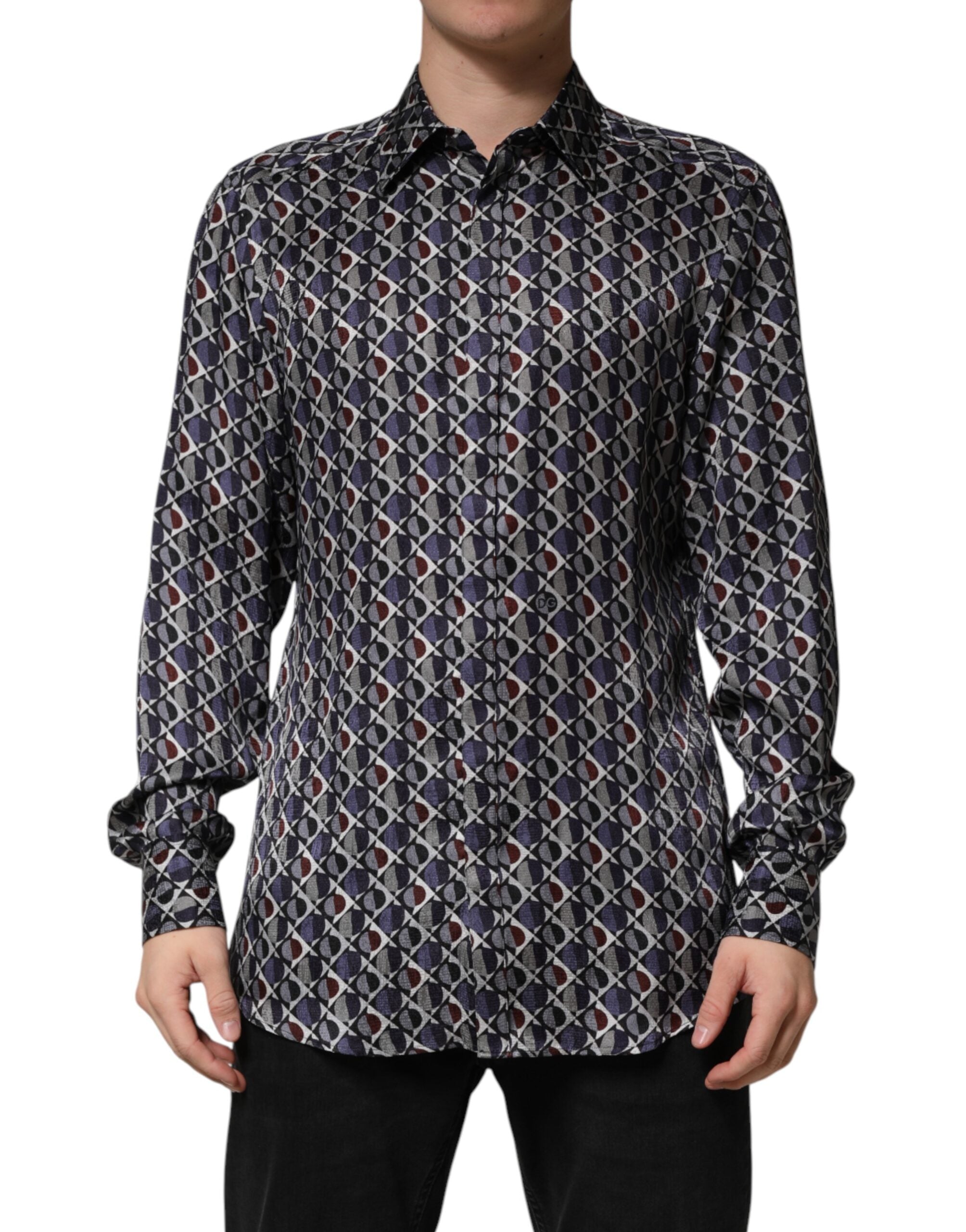 Geometric-Patterned Silk Shirt — Navy
