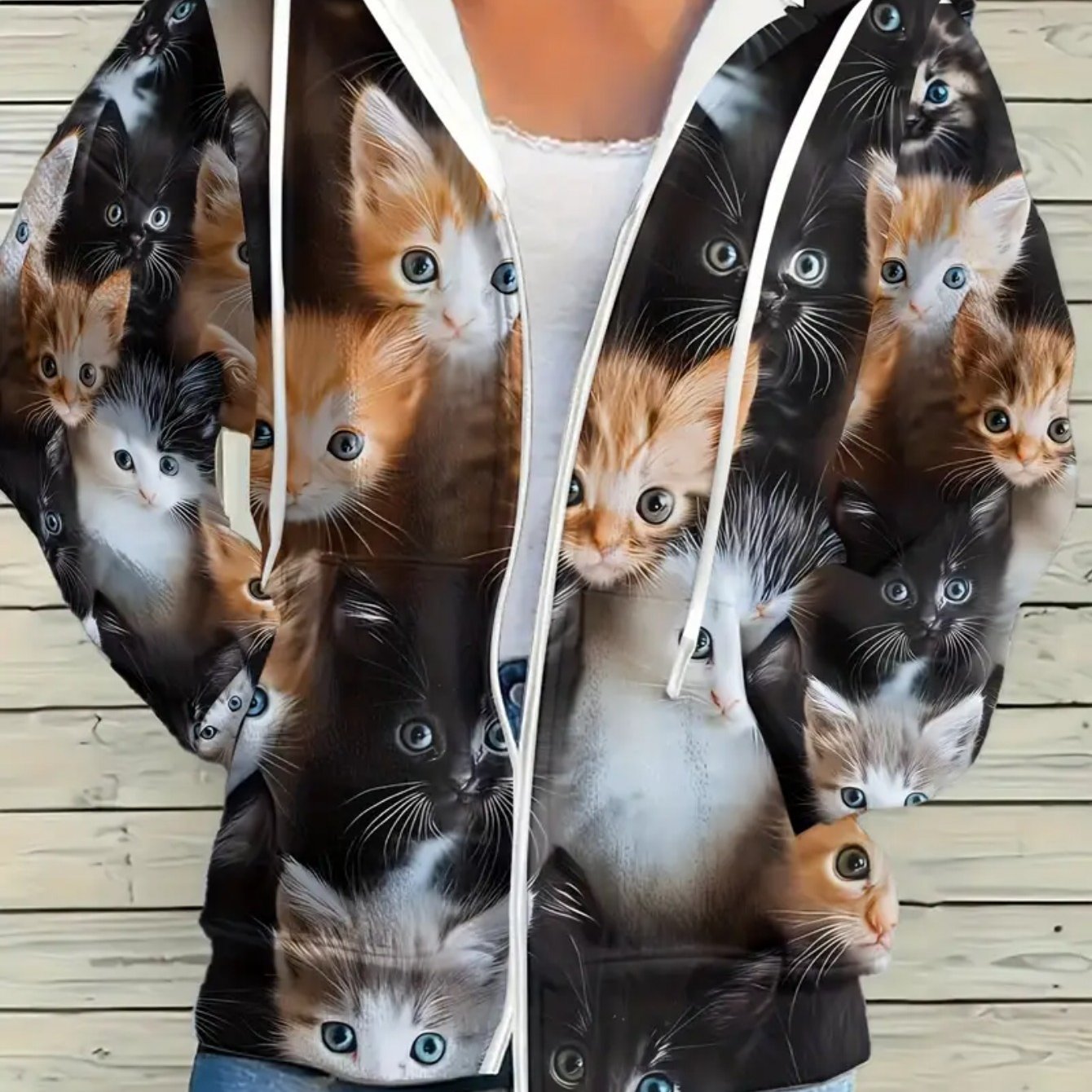 TEMU Plus Women's 3d Cat Print Zip-up Hooded Jacket - Full-body Kitten Design Loose Fit Sweatshirt With Front Zipper & Umbrella Hem, Cozy
